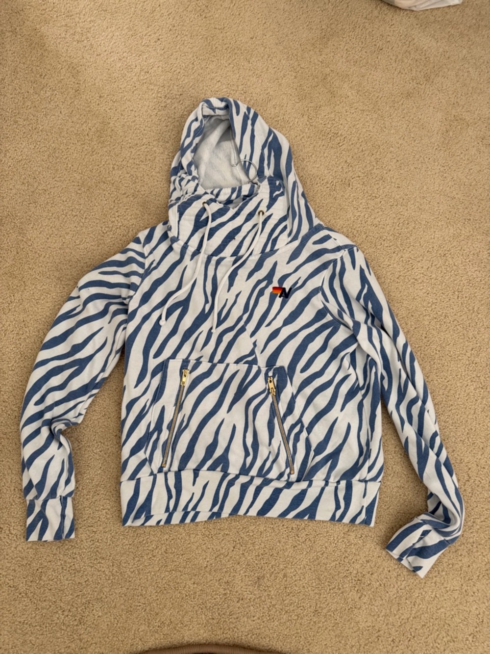 Aviator Nation White and Blue Zebra Stripe Ninja Hoodie